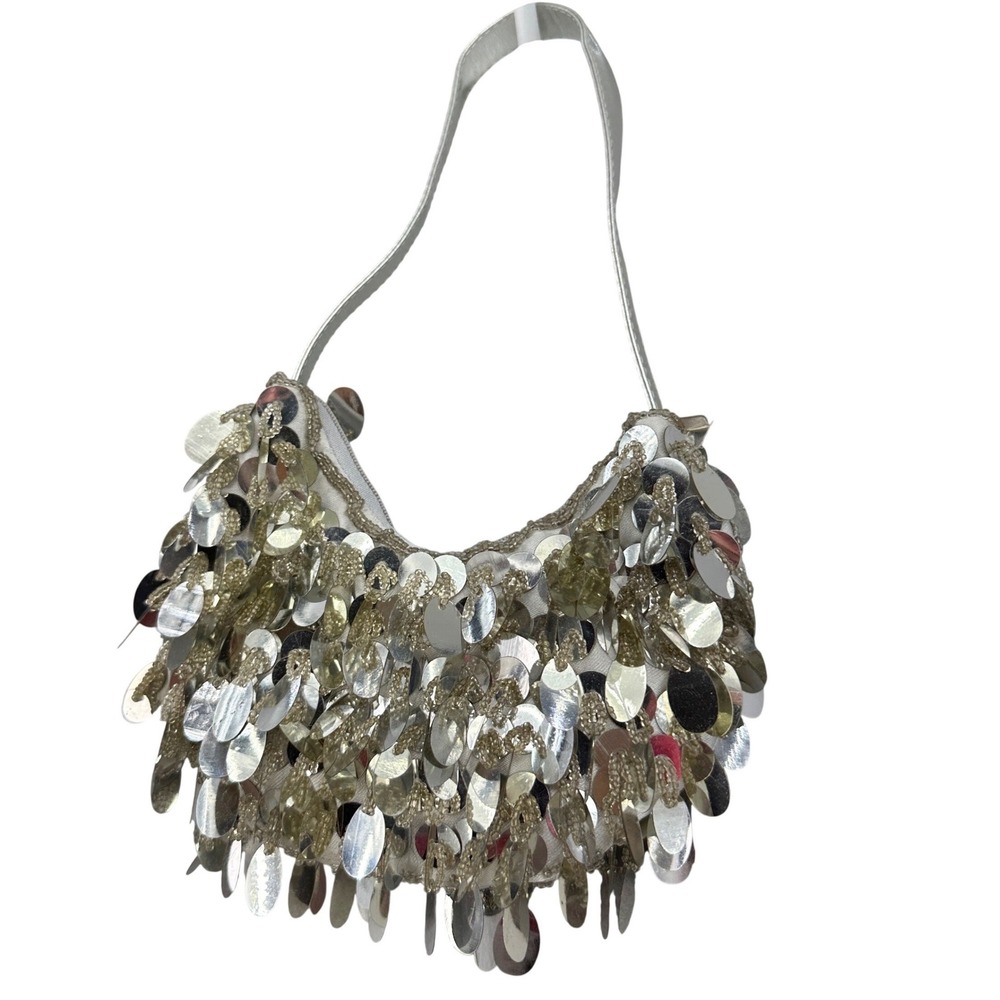 Y2K Silver Sequin Paillette Hobo Mini Bag Metallic Beaded Small 2000s Mcbling